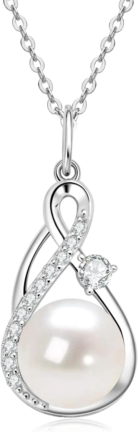 DENGGGUANG Freshwater Pearl Pendant Necklaces for Women, Sterling Silver Infinity Single Pearl Necklace with Shiny Moissanite Wedding Jewelry Gift for Bride Bridesmaid
