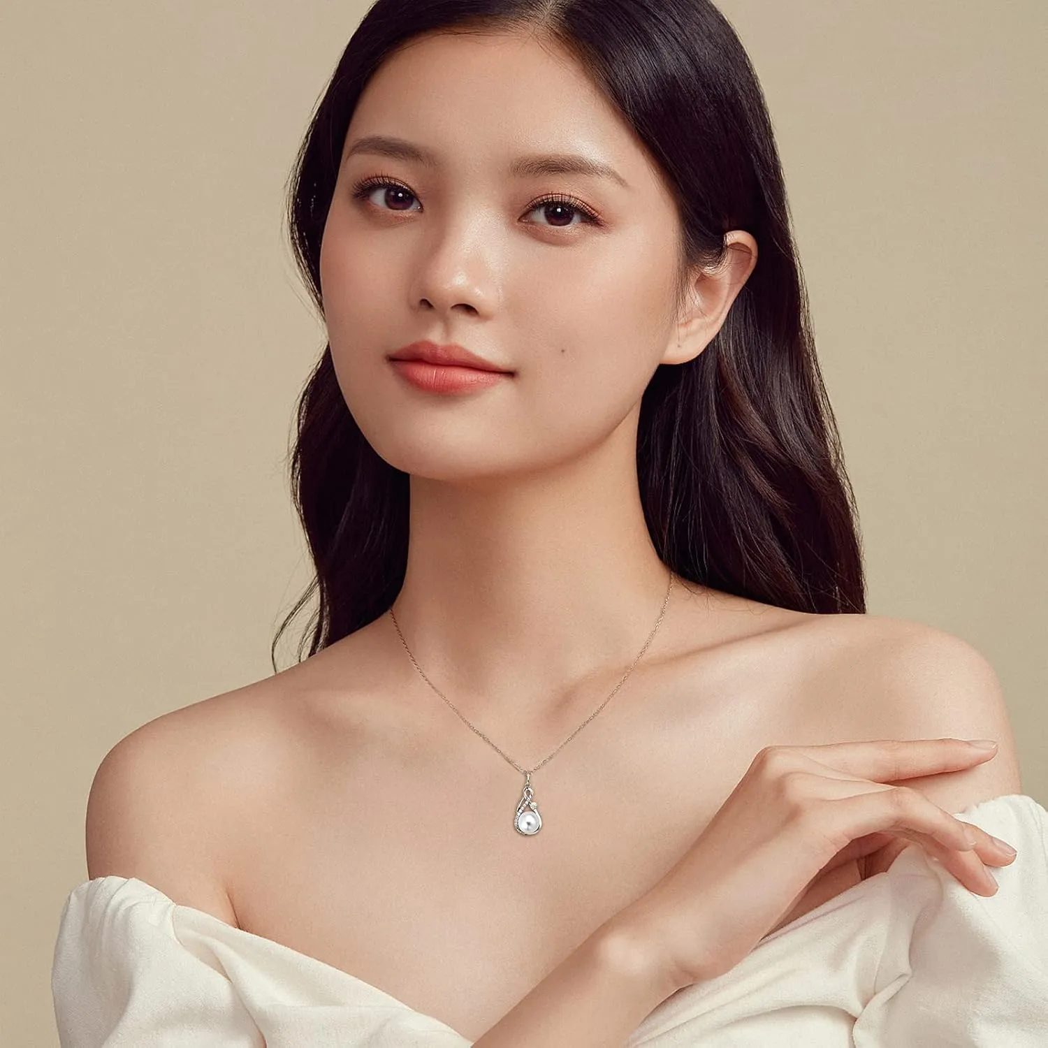 DENGGGUANG Freshwater Pearl Pendant Necklaces for Women, Sterling Silver Infinity Single Pearl Necklace with Shiny Moissanite Wedding Jewelry Gift for Bride Bridesmaid