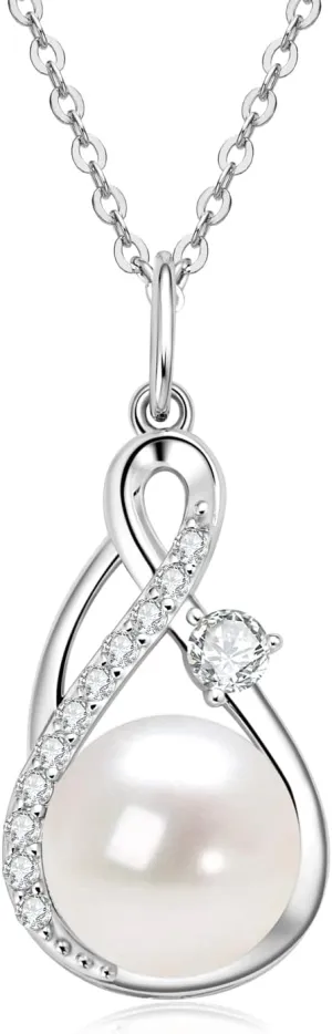 DENGGGUANG Freshwater Pearl Pendant Necklaces for Women, Sterling Silver Infinity Single Pearl Necklace with Shiny Moissanite Wedding Jewelry Gift for Bride Bridesmaid