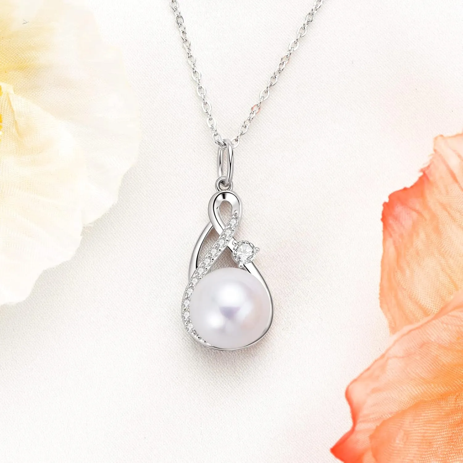 DENGGGUANG Freshwater Pearl Pendant Necklaces for Women, Sterling Silver Infinity Single Pearl Necklace with Shiny Moissanite Wedding Jewelry Gift for Bride Bridesmaid