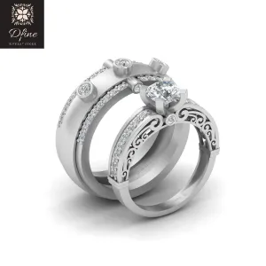 Diamond Filigree Engagement Ring Band Set His and Her Matching Promise Rings For Couples