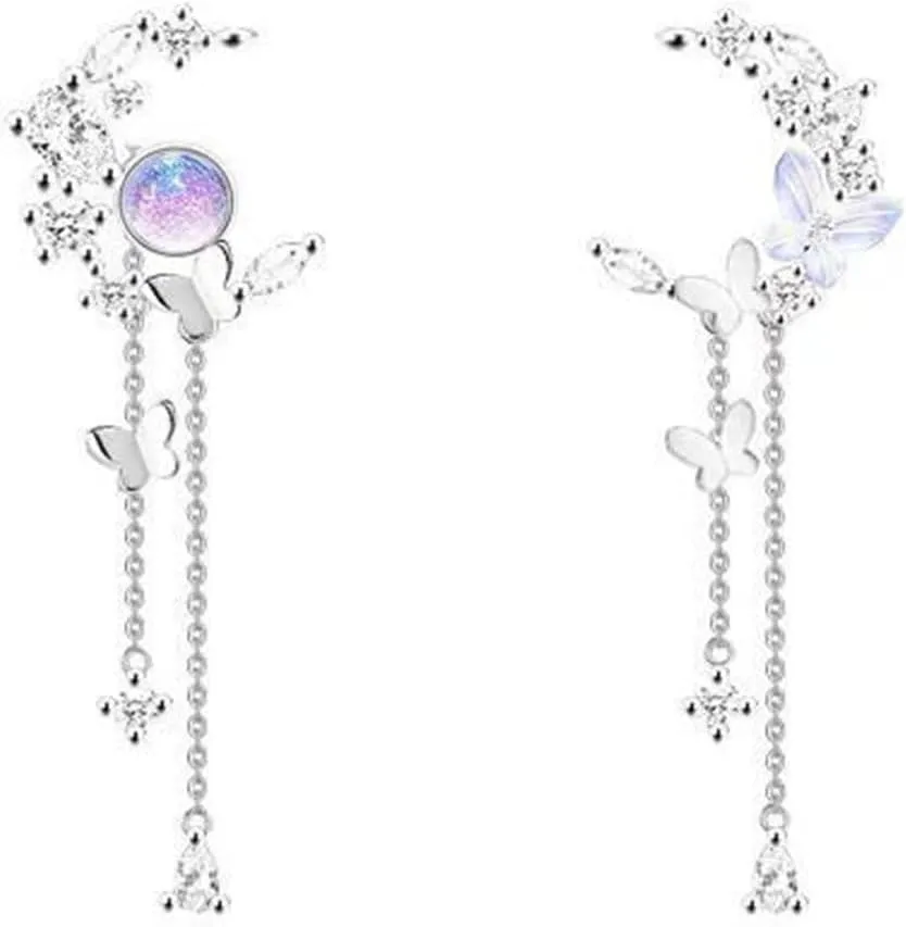 Earring Hoop Stud Drop & Dangle,Earring Korean Style Geometric Long Chain Purple Faux Crystal Moon Star Butterfly Inlaid Rhinestone Long Tassel Earrings