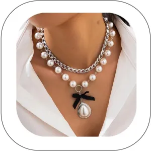 Elegant Pearl Choker Necklaces Chunky Gold Chain with Baroque Teardrop Pendant 2 Pieces Black Silk Bow Necklace Dainty Bridal Women's Accessories