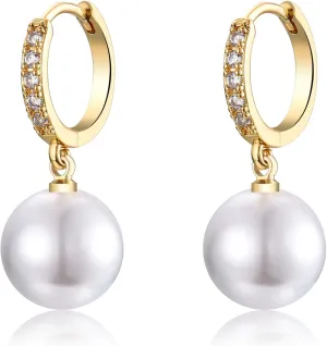EPIRORA Sterling Silver Simulated Shell Pearl Hoop Earrings Cubic Zirconia Dangle Drop Earrings Jewelry for Women 10mm, Silver/Gold