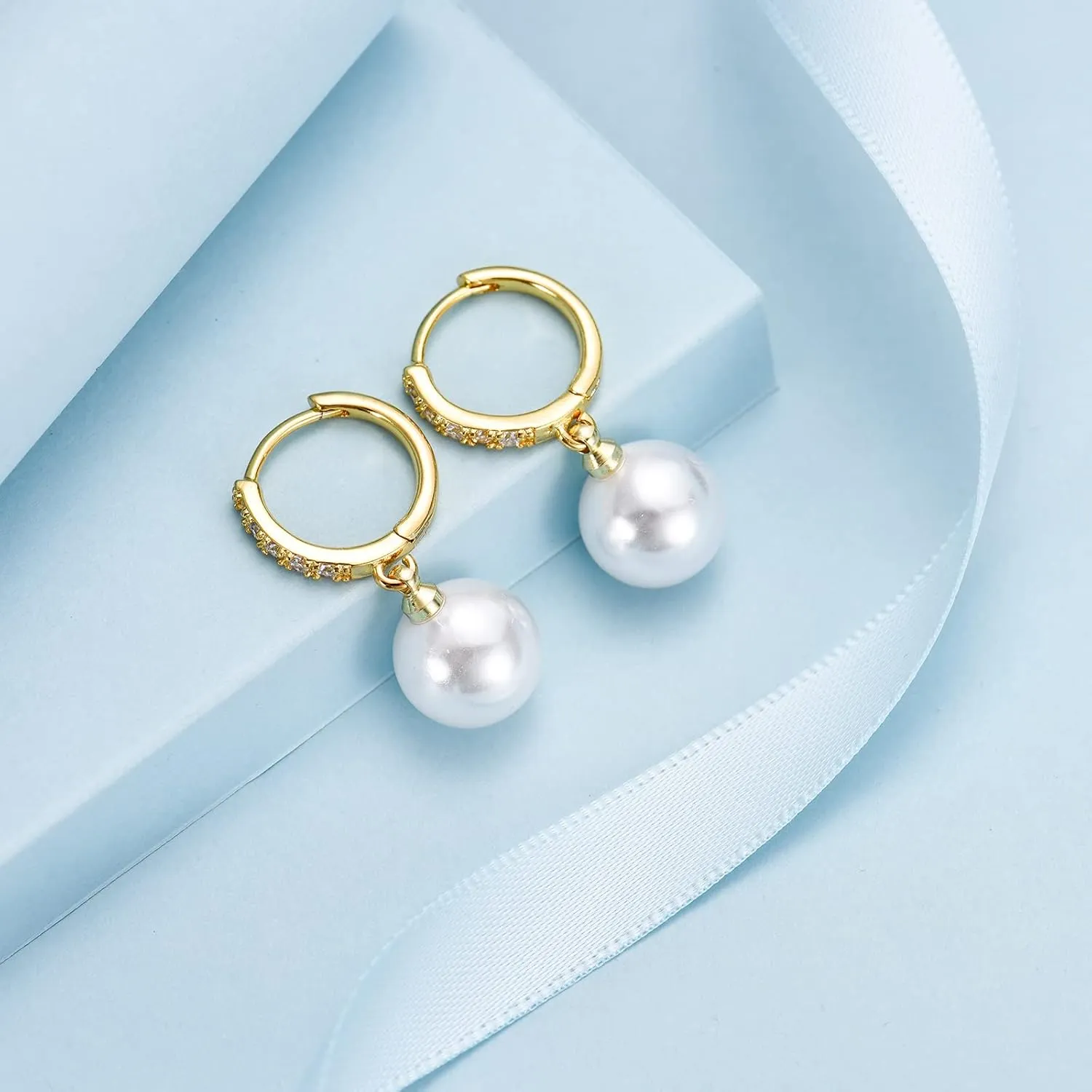 EPIRORA Sterling Silver Simulated Shell Pearl Hoop Earrings Cubic Zirconia Dangle Drop Earrings Jewelry for Women 10mm, Silver/Gold