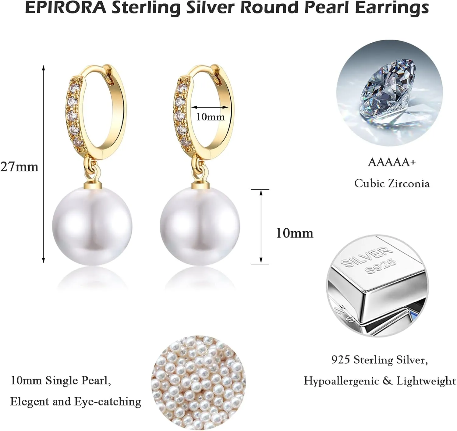 EPIRORA Sterling Silver Simulated Shell Pearl Hoop Earrings Cubic Zirconia Dangle Drop Earrings Jewelry for Women 10mm, Silver/Gold