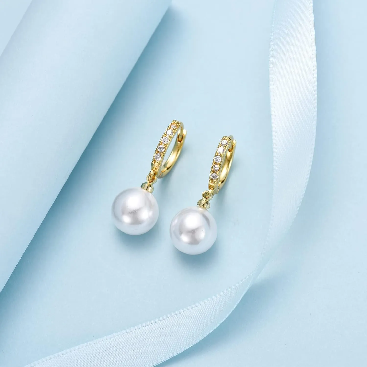 EPIRORA Sterling Silver Simulated Shell Pearl Hoop Earrings Cubic Zirconia Dangle Drop Earrings Jewelry for Women 10mm, Silver/Gold