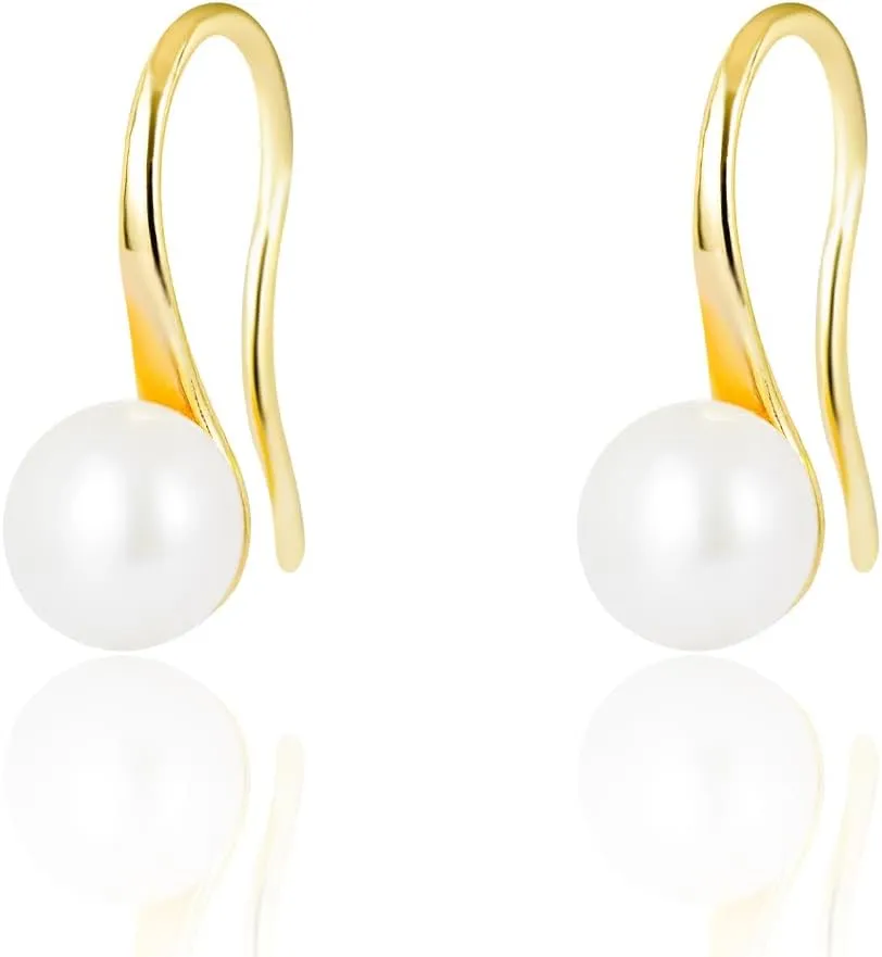 Fashion 14K Gold Plated, AAA  Quality Handpicked Freshwater Cultured Stud Pearl Earrings, 6.5-7mm Classical Drop Dangle Earrings Jewelry for Women, white