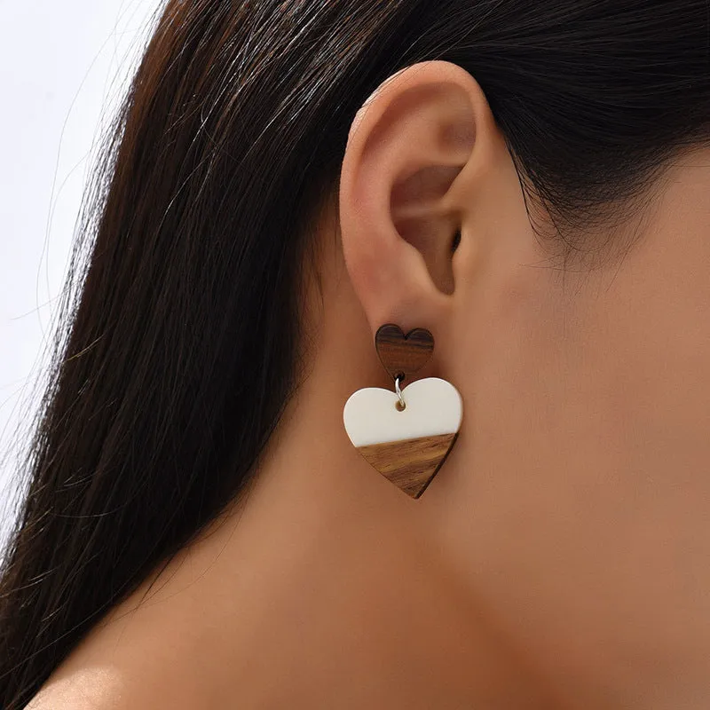 Fashion Exaggerated Geometry Heart-Shaped Wood Acrylic Earrings
