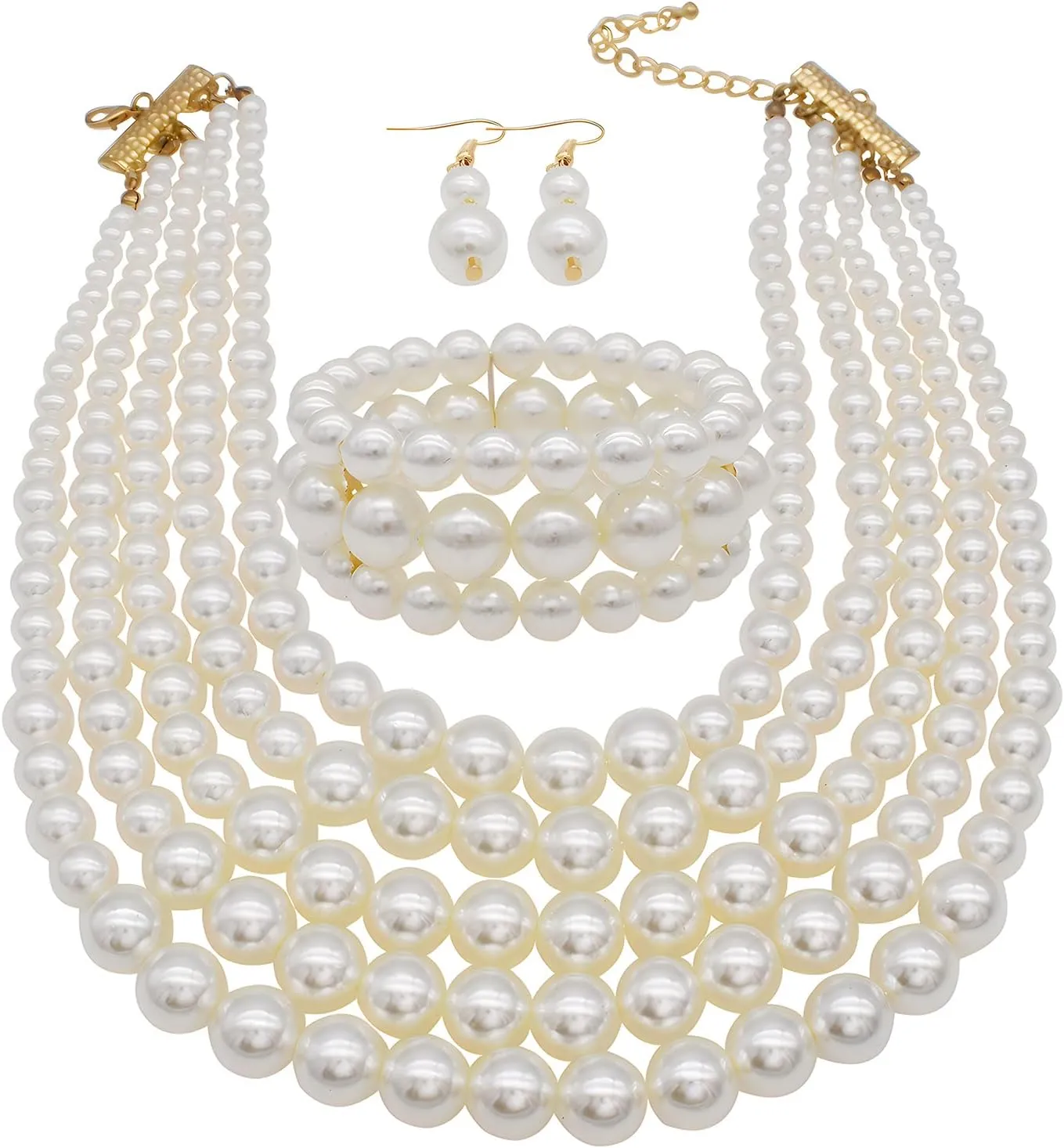 Faux Multi Pearl Necklace for Women Pearls Necklaces Bracelet and Earrings set for Wedding 1920s Costume Jewelry