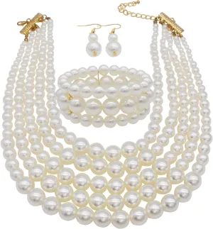 Faux Multi Pearl Necklace for Women Pearls Necklaces Bracelet and Earrings set for Wedding 1920s Costume Jewelry