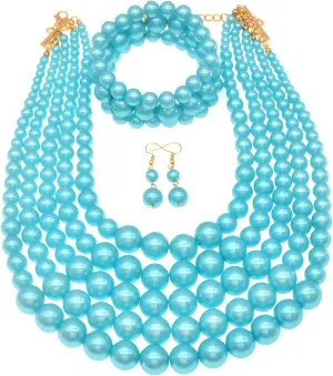 Faux Multi Pearl Necklace for Women Pearls Necklaces Bracelet and Earrings set for Wedding 1920s Costume Jewelry