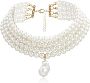 Faux Pearl Choker Necklaces Boho 1920s Imitation Pearl Strand Necklace Vintage Chunky Layered Pearl Necklace Costume Jewelry