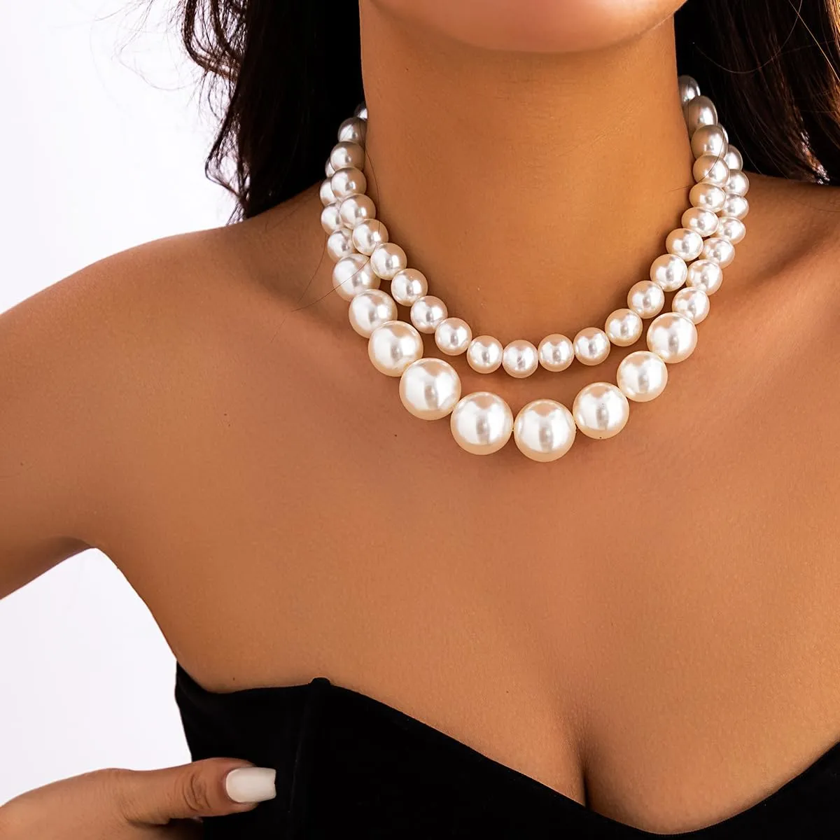 Faux Pearl Choker Necklaces Boho 1920s Imitation Pearl Strand Necklace Vintage Chunky Layered Pearl Necklace Costume Jewelry
