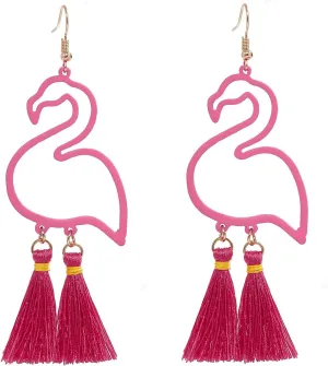 Flamingo Drop Earrings Tassel Dangle Earrings Thread Tassel Earrings Hawaiian Summer Jewelry