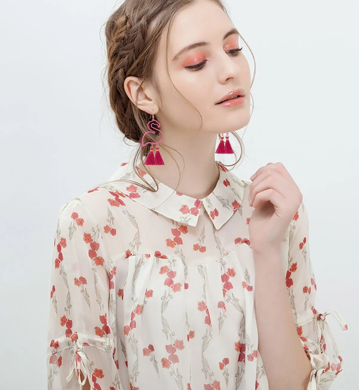 Flamingo Drop Earrings Tassel Dangle Earrings Thread Tassel Earrings Hawaiian Summer Jewelry