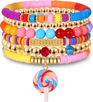 Funny Lollipop Bracelets Colorful Heishi Clay Beaded Stretch Bracelet Stackable Sweet Candy Lollipop Charm Bangle Bracelet for Birthday Halloween Xmas Party Jewelry Gifts