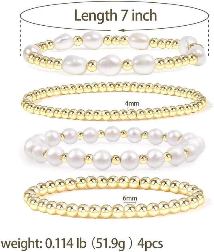 FUTIMELY Boho Gold Beaded Stretch Bracelets Set for Women Men,Vintage Baroque Pearls Layered Stacking Ball Bracelets,Elastic Round Bead Bracelets Jewelry Gifts