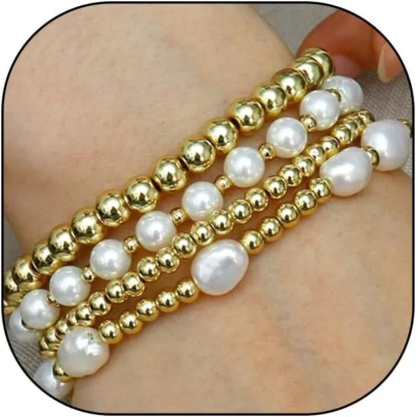 FUTIMELY Boho Gold Beaded Stretch Bracelets Set for Women Men,Vintage Baroque Pearls Layered Stacking Ball Bracelets,Elastic Round Bead Bracelets Jewelry Gifts