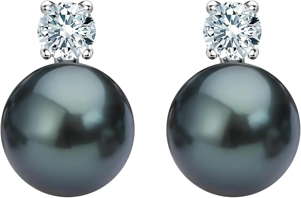 Genuine Tahitian Black Pearl Earrings Jewelry for Women, Sterling Silver Moissanite Stud Earrings Gifts for Mom Wife Her (9-10mm)