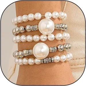 GIGB PBDK 5Pcs Stackable Pearls Beaded Bracelets Set for Women, Chunky Stretch Round Ball Beads Bangles Statement Bracelets Boho Beach Holiday Jewelry
