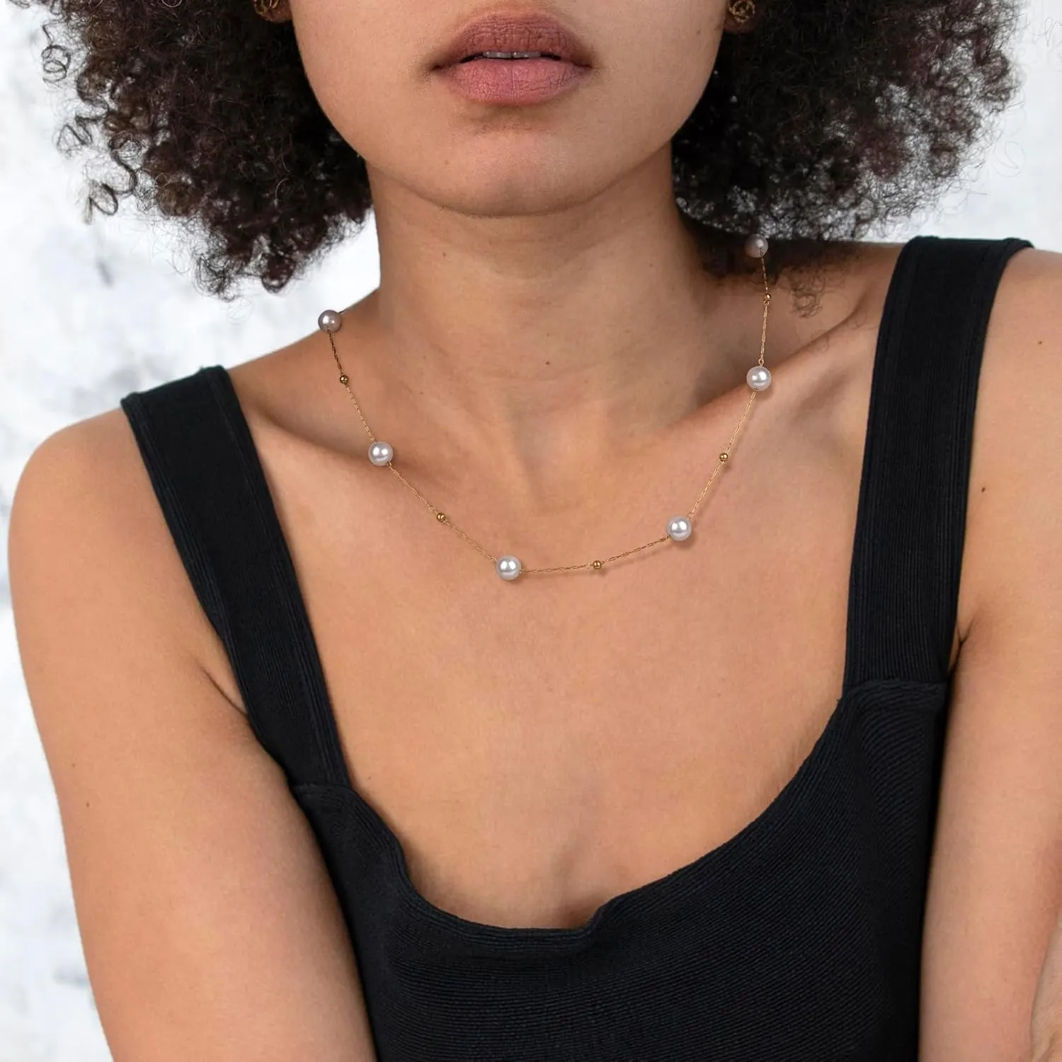 GolbalJew Cute Necklace for Women 18K Gold Plated Dainty Pearl Chain Choker Necklaces Trendy Jewelry Gift