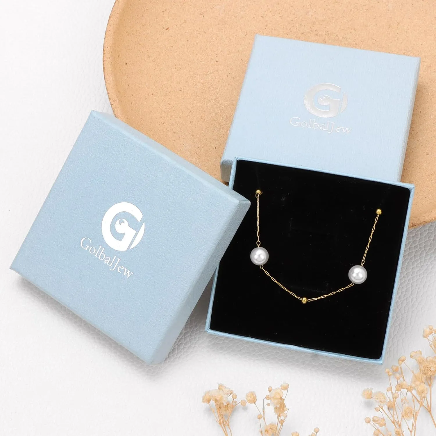 GolbalJew Cute Necklace for Women 18K Gold Plated Dainty Pearl Chain Choker Necklaces Trendy Jewelry Gift