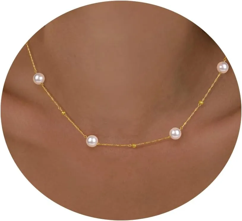 GolbalJew Cute Necklace for Women 18K Gold Plated Dainty Pearl Chain Choker Necklaces Trendy Jewelry Gift