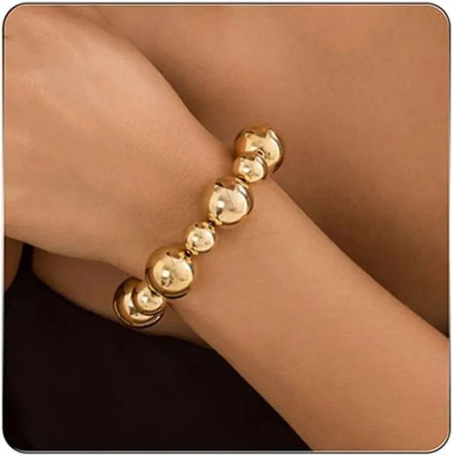 Gold Beaded Bracelet for Women Big Round Ball Beaded Elastic Bracelet Chunky Gold Bracelets Adjustable Stretch Strand Bracelets Fashion Dainty Jewelry Gift for Women