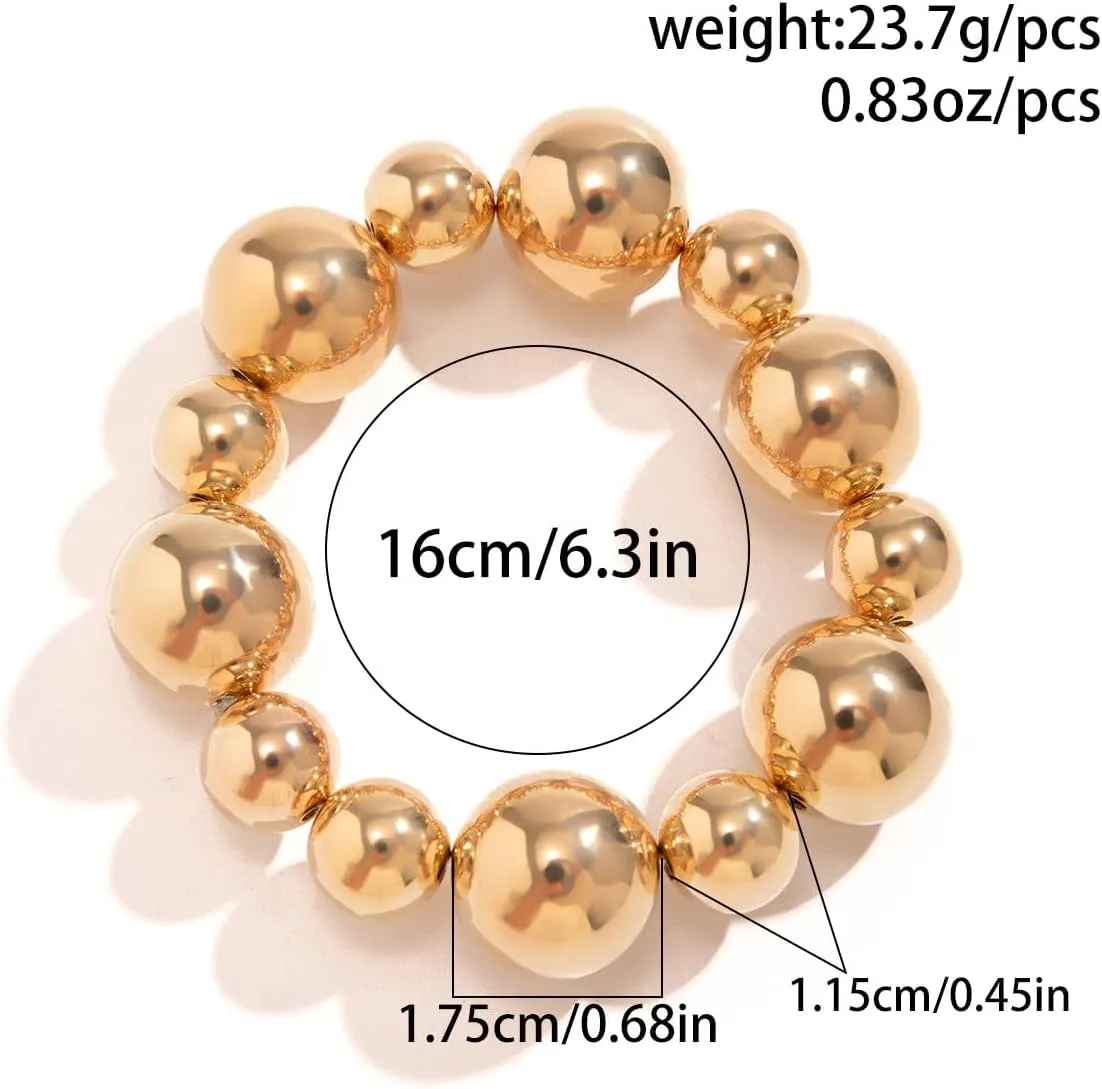Gold Beaded Bracelet for Women Big Round Ball Beaded Elastic Bracelet Chunky Gold Bracelets Adjustable Stretch Strand Bracelets Fashion Dainty Jewelry Gift for Women