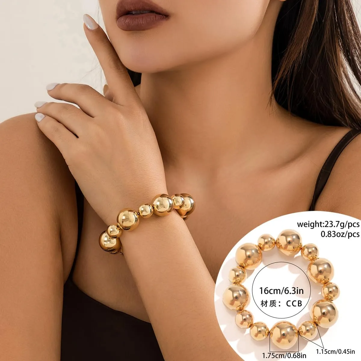 Gold Beaded Bracelet for Women Big Round Ball Beaded Elastic Bracelet Chunky Gold Bracelets Adjustable Stretch Strand Bracelets Fashion Dainty Jewelry Gift for Women
