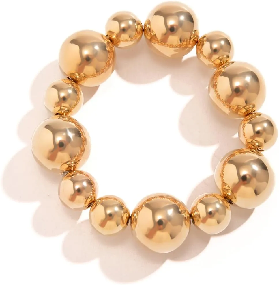 Gold Beaded Bracelet for Women Big Round Ball Beaded Elastic Bracelet Chunky Gold Bracelets Adjustable Stretch Strand Bracelets Fashion Dainty Jewelry Gift for Women