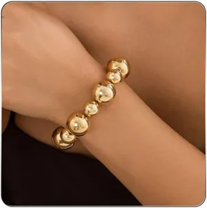 Gold Beaded Bracelet for Women Big Round Ball Beaded Elastic Bracelet Chunky Gold Bracelets Adjustable Stretch Strand Bracelets Fashion Dainty Jewelry Gift for Women