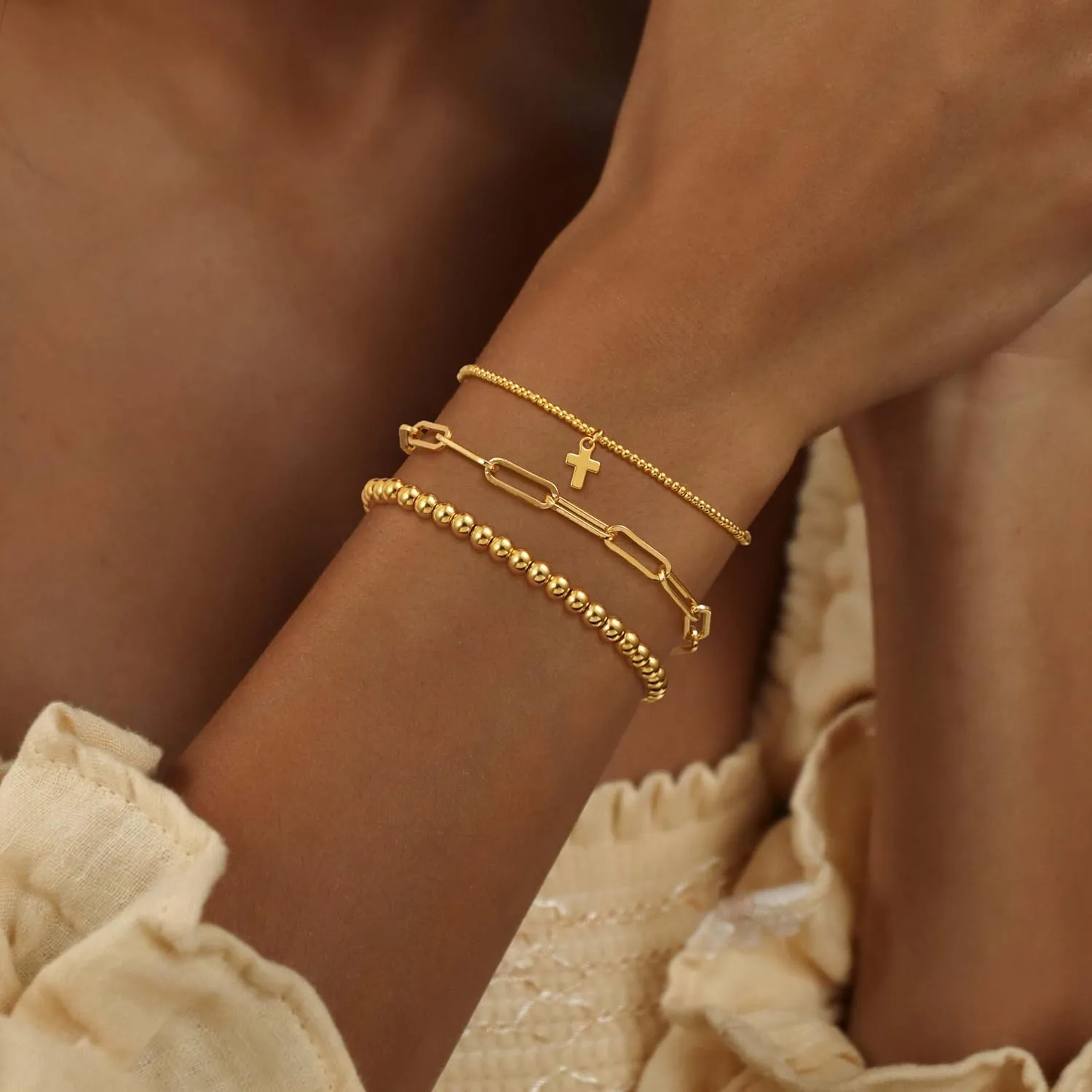 Gold Beaded Bracelets for Women, Dainty 14k Gold Plated Bracelet Stack Charm Stackable Bracelets Waterproof Adjustable Bracelet Sets Non Tarnish Jewelry Accessories for Women Christmas Gifts