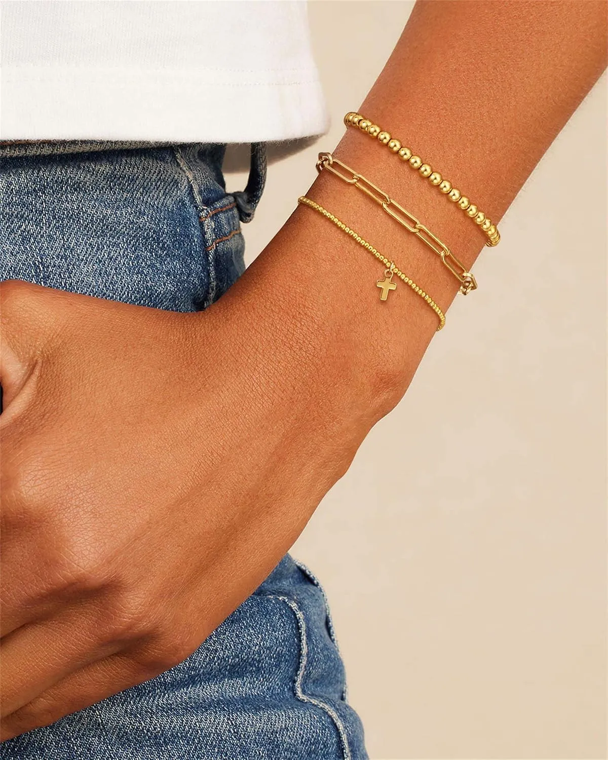 Gold Beaded Bracelets for Women, Dainty 14k Gold Plated Bracelet Stack Charm Stackable Bracelets Waterproof Adjustable Bracelet Sets Non Tarnish Jewelry Accessories for Women Christmas Gifts