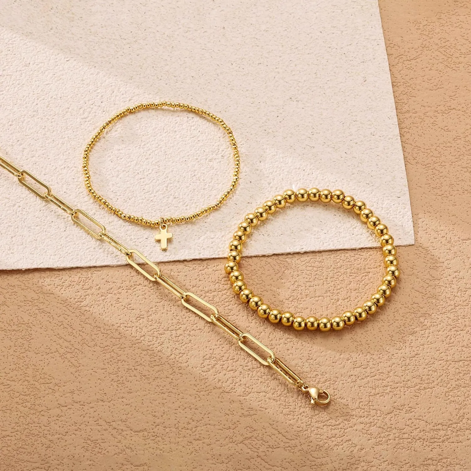 Gold Beaded Bracelets for Women, Dainty 14k Gold Plated Bracelet Stack Charm Stackable Bracelets Waterproof Adjustable Bracelet Sets Non Tarnish Jewelry Accessories for Women Christmas Gifts