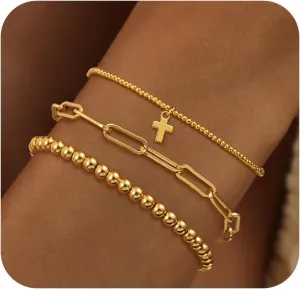 Gold Beaded Bracelets for Women, Dainty 14k Gold Plated Bracelet Stack Charm Stackable Bracelets Waterproof Adjustable Bracelet Sets Non Tarnish Jewelry Accessories for Women Christmas Gifts