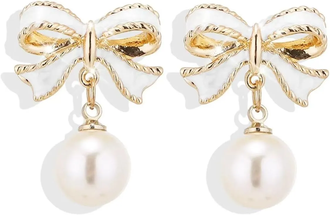 Gold Bow Earrings for Women,Long Tassel Chain Drop Earrings,Elegant Gold and White Design, Dangle with Lustrous Pearls, Perfect for Daily Wear, Parties, and Special Occasions