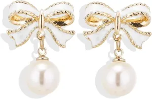 Gold Bow Earrings for Women,Long Tassel Chain Drop Earrings,Elegant Gold and White Design, Dangle with Lustrous Pearls, Perfect for Daily Wear, Parties, and Special Occasions
