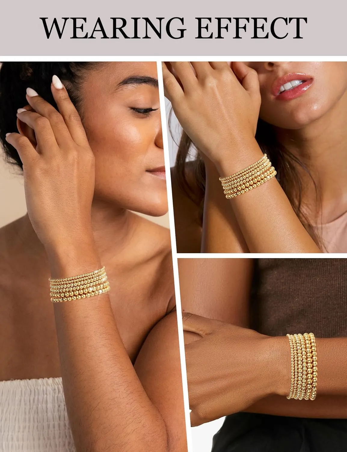 Gold Bracelets for Women Beaded Bracelet 18K Gold Plated Stretch Bracelet Stack Stackable Bead Ball Bracelet Set Non Tarnish Dainty Pearl Adjustable Trendy Gift Gold Jewelry for Women