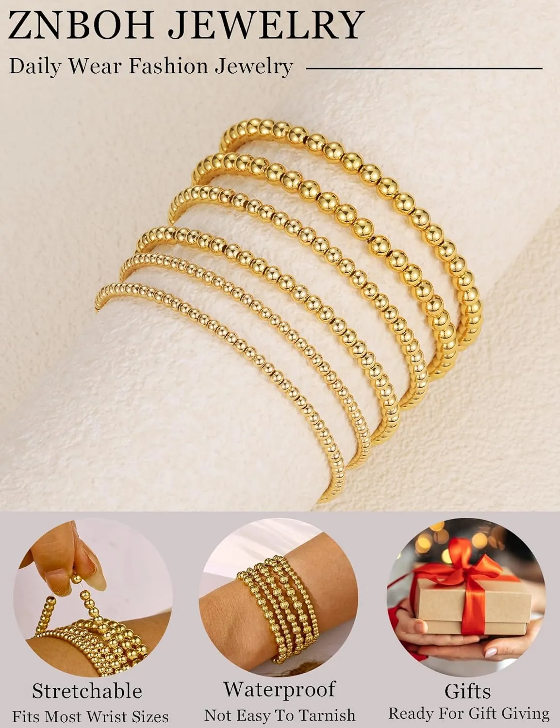 Gold Bracelets for Women Beaded Bracelet 18K Gold Plated Stretch Bracelet Stack Stackable Bead Ball Bracelet Set Non Tarnish Dainty Pearl Adjustable Trendy Gift Gold Jewelry for Women