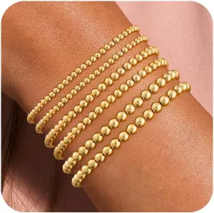 Gold Bracelets for Women Beaded Bracelet 18K Gold Plated Stretch Bracelet Stack Stackable Bead Ball Bracelet Set Non Tarnish Dainty Pearl Adjustable Trendy Gift Gold Jewelry for Women