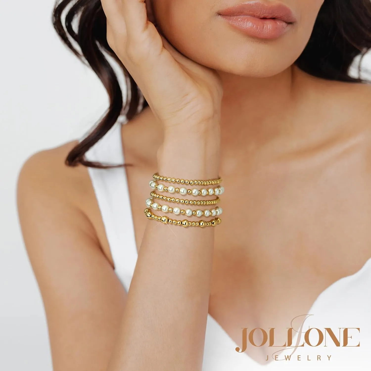 Gold Bracelets for Women Gold Bracelet Stack Pearl Beaded Bracelets for Women 14K Gold Plated Stretch Bead Ball Bracelet Sets Jewelry for Mother's Day Birthday Gifts