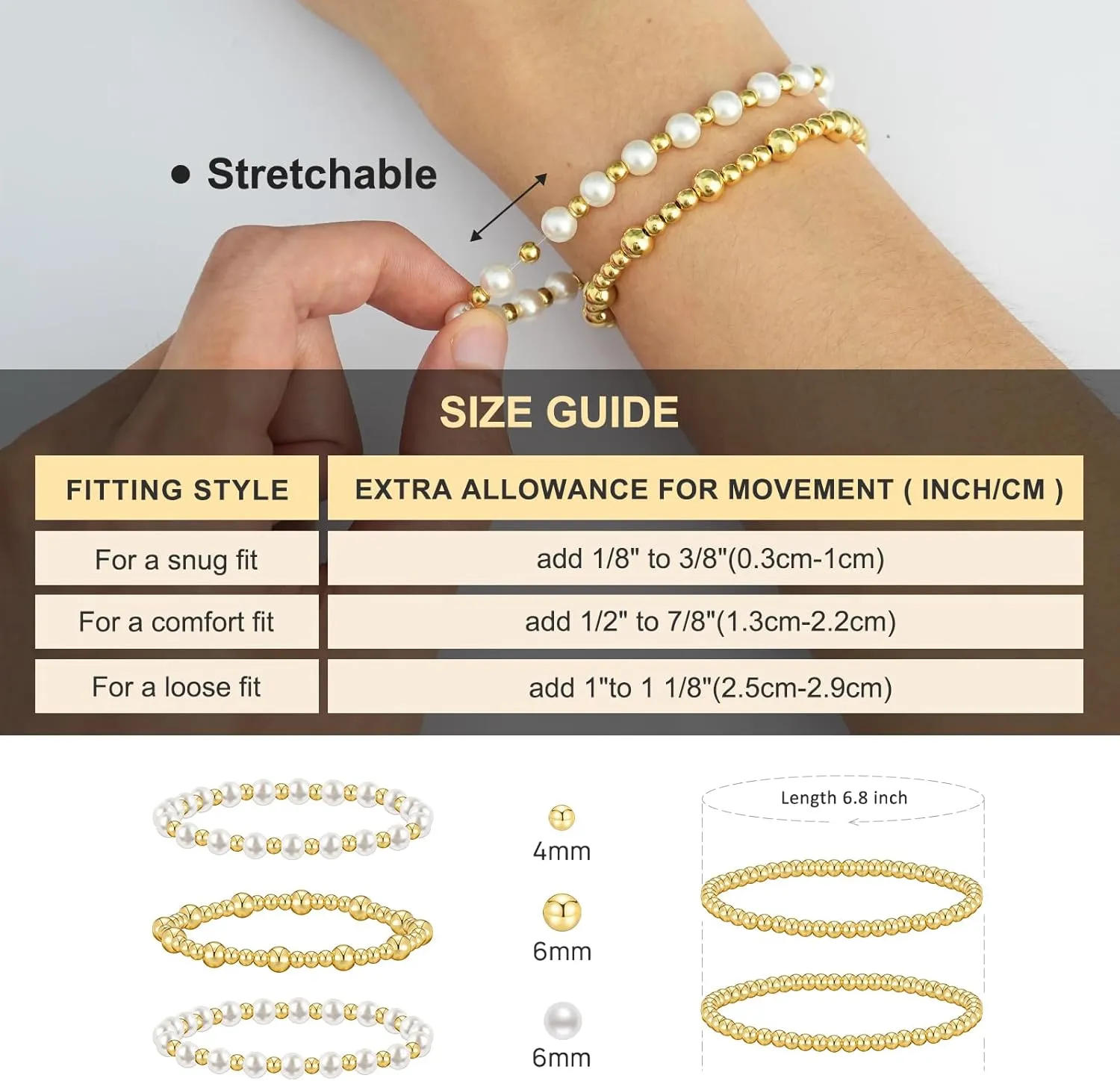 Gold Bracelets for Women Gold Bracelet Stack Pearl Beaded Bracelets for Women 14K Gold Plated Stretch Bead Ball Bracelet Sets Jewelry for Mother's Day Birthday Gifts