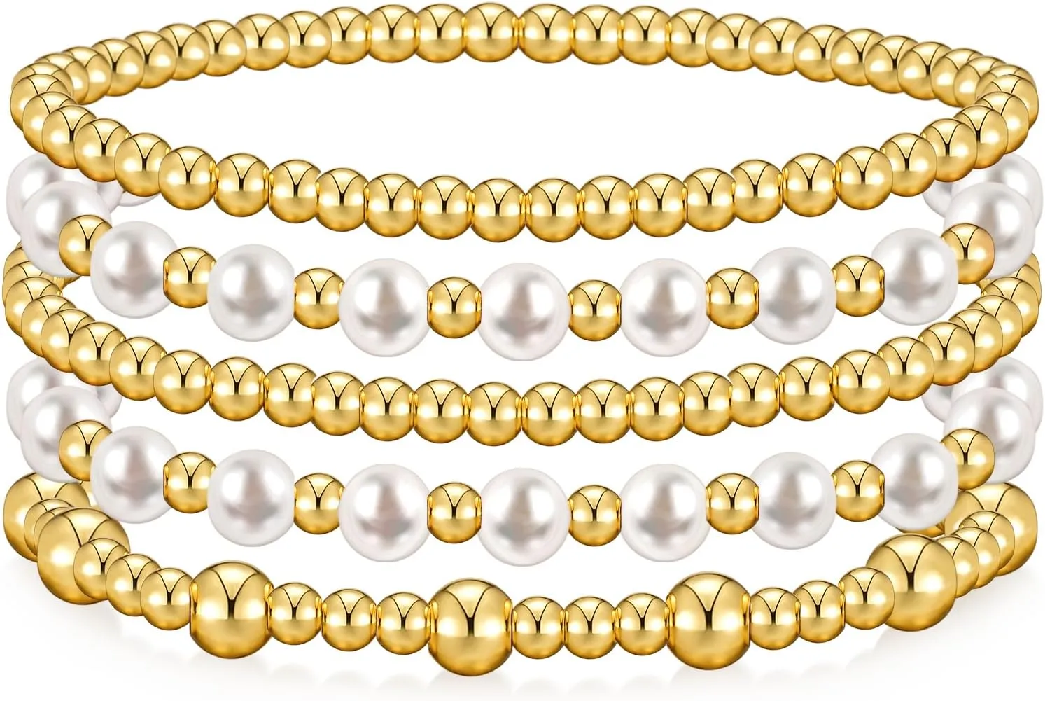 Gold Bracelets for Women Gold Bracelet Stack Pearl Beaded Bracelets for Women 14K Gold Plated Stretch Bead Ball Bracelet Sets Jewelry for Mother's Day Birthday Gifts