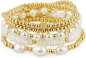 Gold Bracelets for Women Gold Bracelet Stack Pearl Beaded Bracelets for Women 14K Gold Plated Stretch Bead Ball Bracelet Sets Jewelry for Mother's Day Birthday Gifts