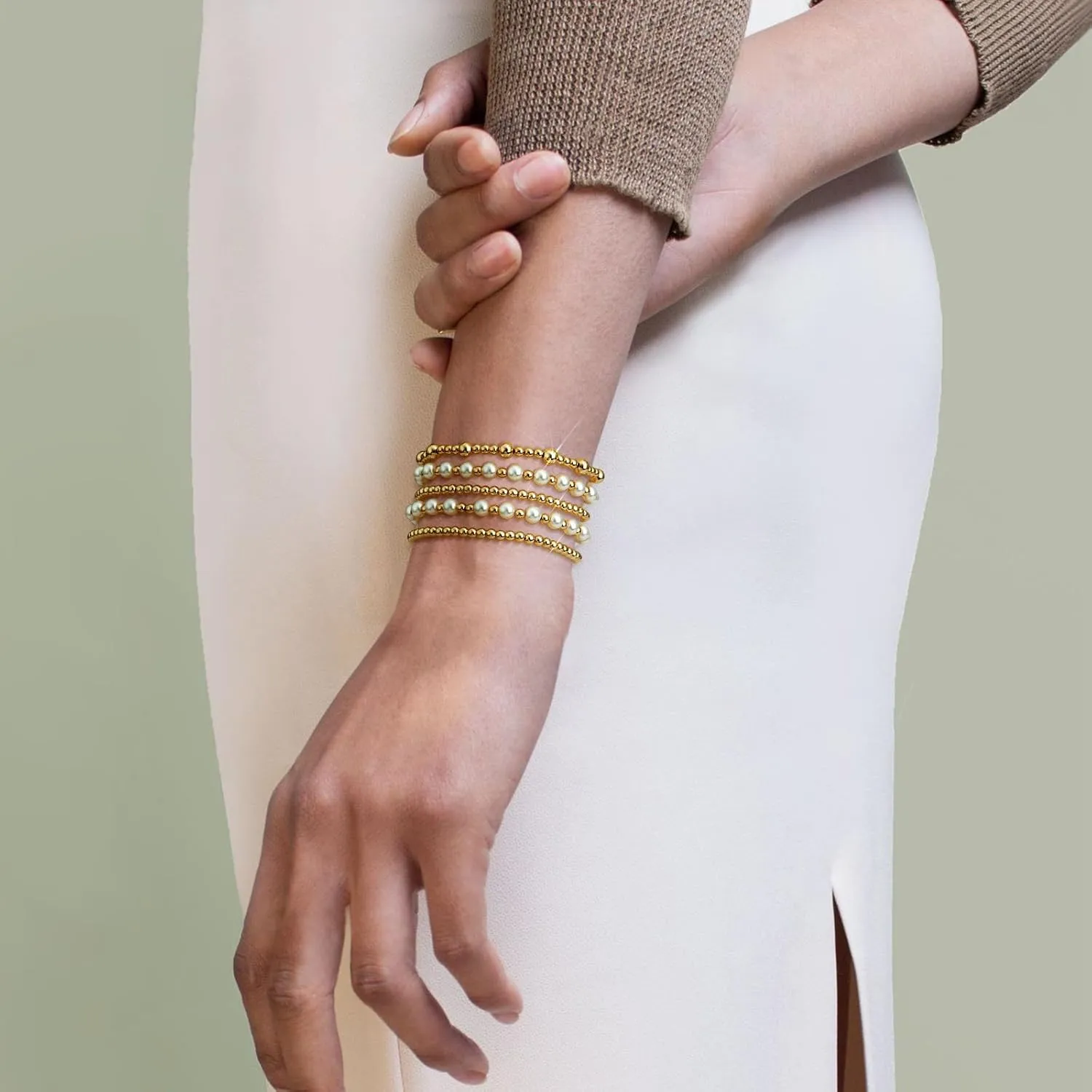 Gold Bracelets for Women Gold Bracelet Stack Pearl Beaded Bracelets for Women 14K Gold Plated Stretch Bead Ball Bracelet Sets Jewelry for Mother's Day Birthday Gifts
