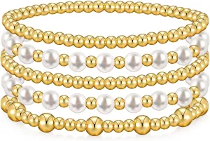 Gold Bracelets for Women Gold Bracelet Stack Pearl Beaded Bracelets for Women 14K Gold Plated Stretch Bead Ball Bracelet Sets Jewelry for Mother's Day Birthday Gifts