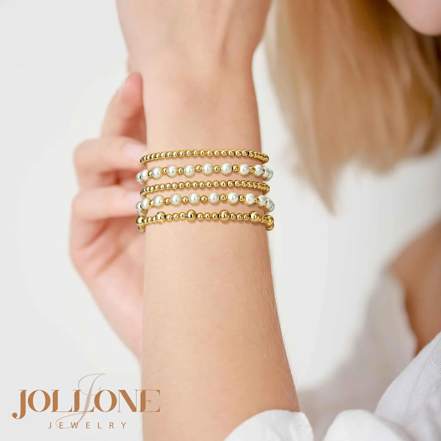 Gold Bracelets for Women Gold Bracelet Stack Pearl Beaded Bracelets for Women 14K Gold Plated Stretch Bead Ball Bracelet Sets Jewelry for Mother's Day Birthday Gifts