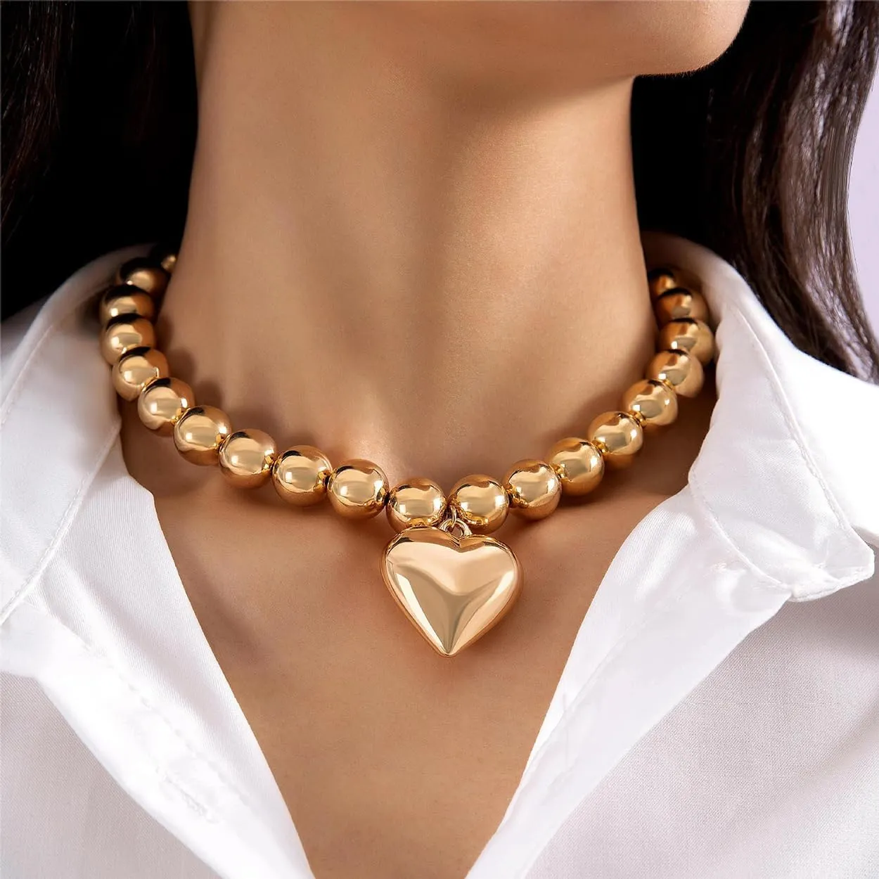 Gold Heart Pearl Necklaces for Women Gold Plated Chunky Big Heart Choker Necklaces Punk Exaggerate Peal Bead Choker Necklace